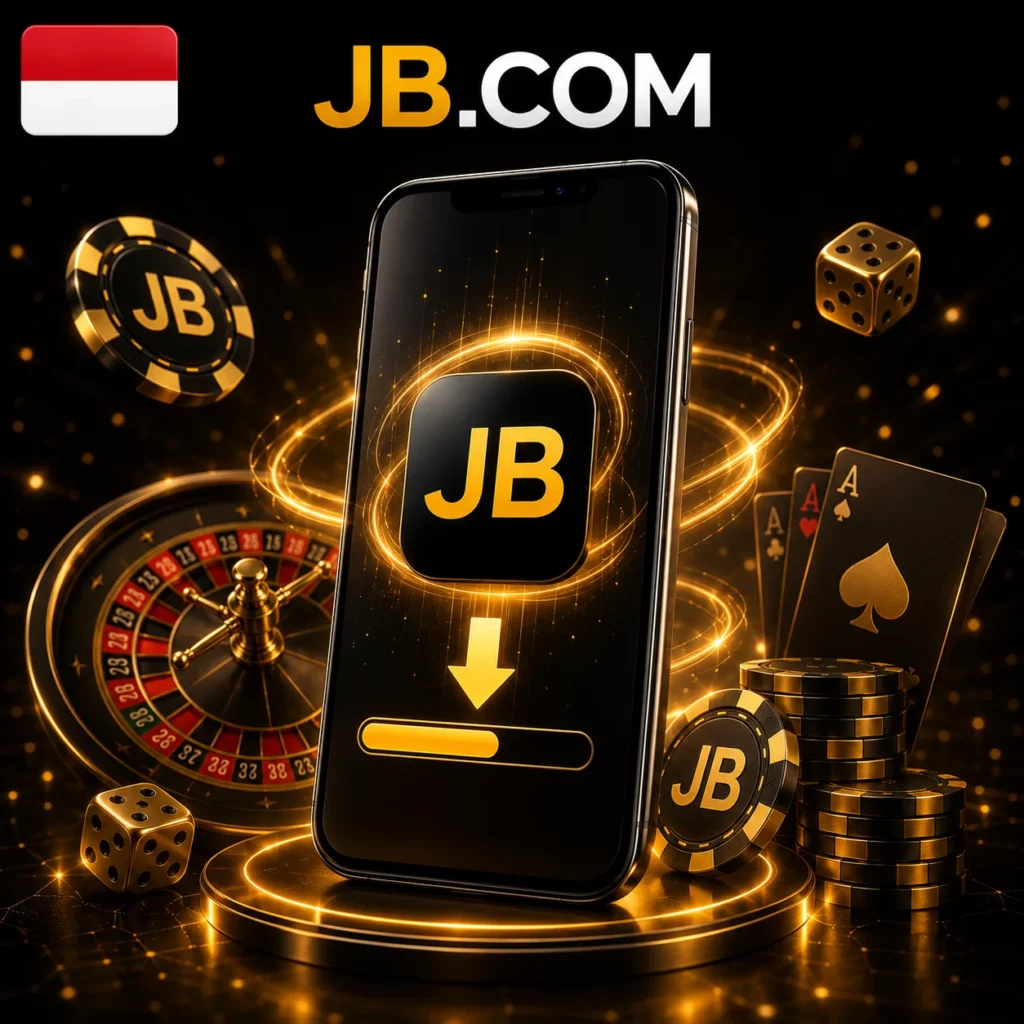 JB Casino app download with official JB.COM logo, smartphone, and Indonesia flag.