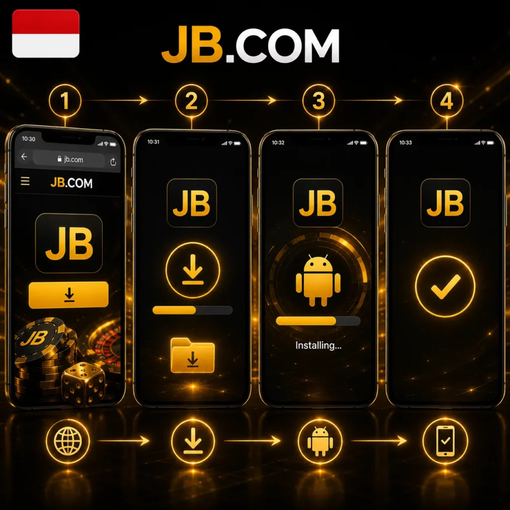 JB Casino app installation steps with official JB.COM logo, smartphone, and Indonesia flag.